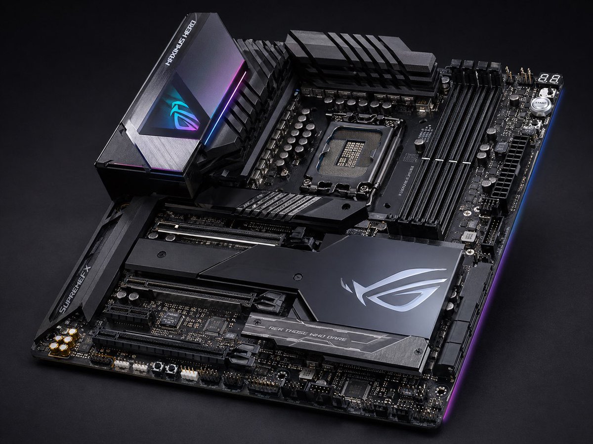 Premium Gaming Motherboard Studio Shot Qwen Image prompt example: This prompt generates a sleek, ultra-detailed studio product image of a high-end RGB gaming motherboard, ideal...
