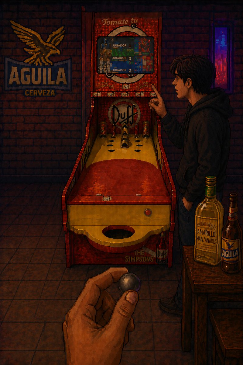 Pixel Art Bolirana Night Scene Qwen Image prompt example: A nostalgic pixel art bar scene showing a first-person bolirana game moment, ideal for social posts, gaming-themed...