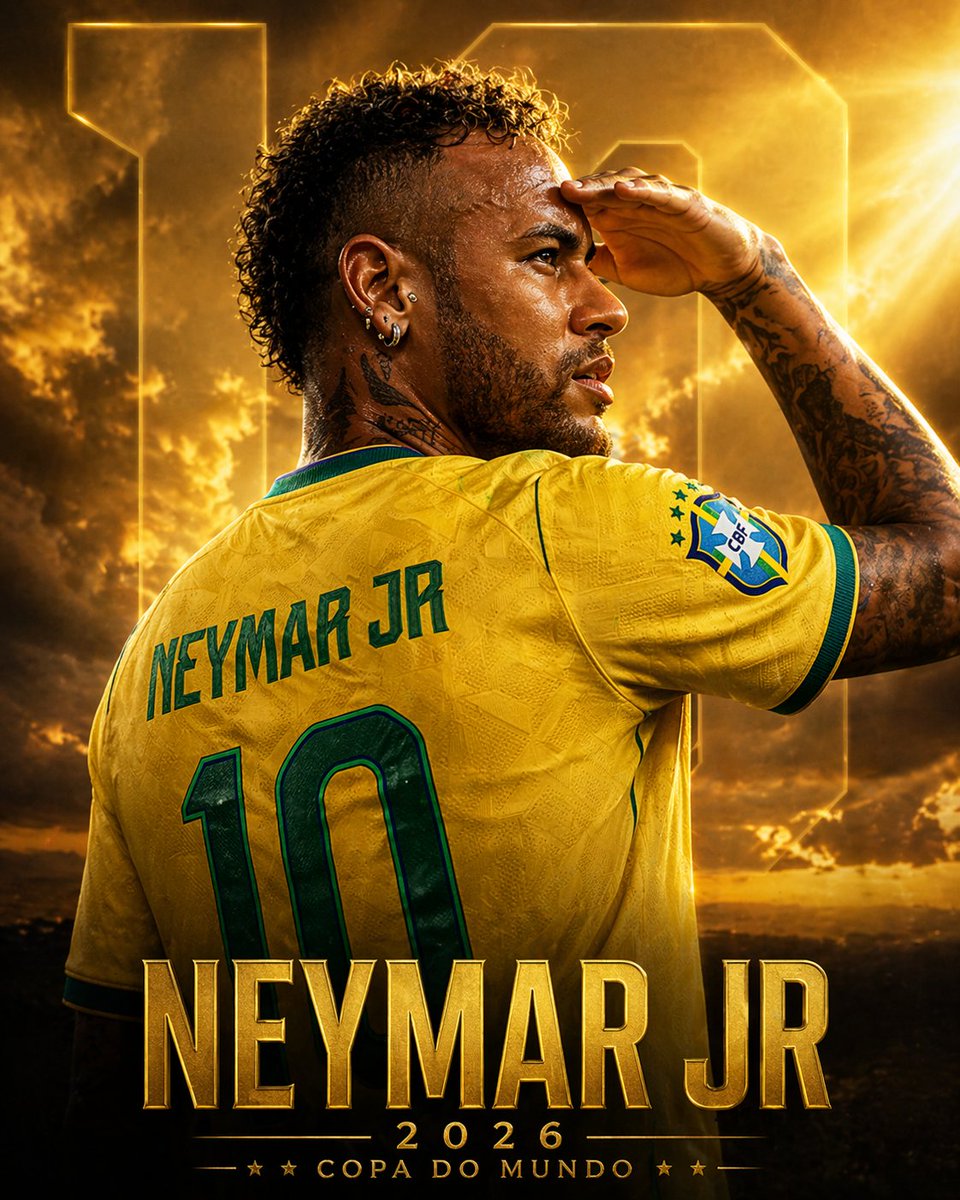 Golden Neymar World Cup Poster GPT Image 2 prompt example: A cinematic football poster prompt for generating a heroic back-view portrait of Neymar Jr in Brazil colors, ideal for...
