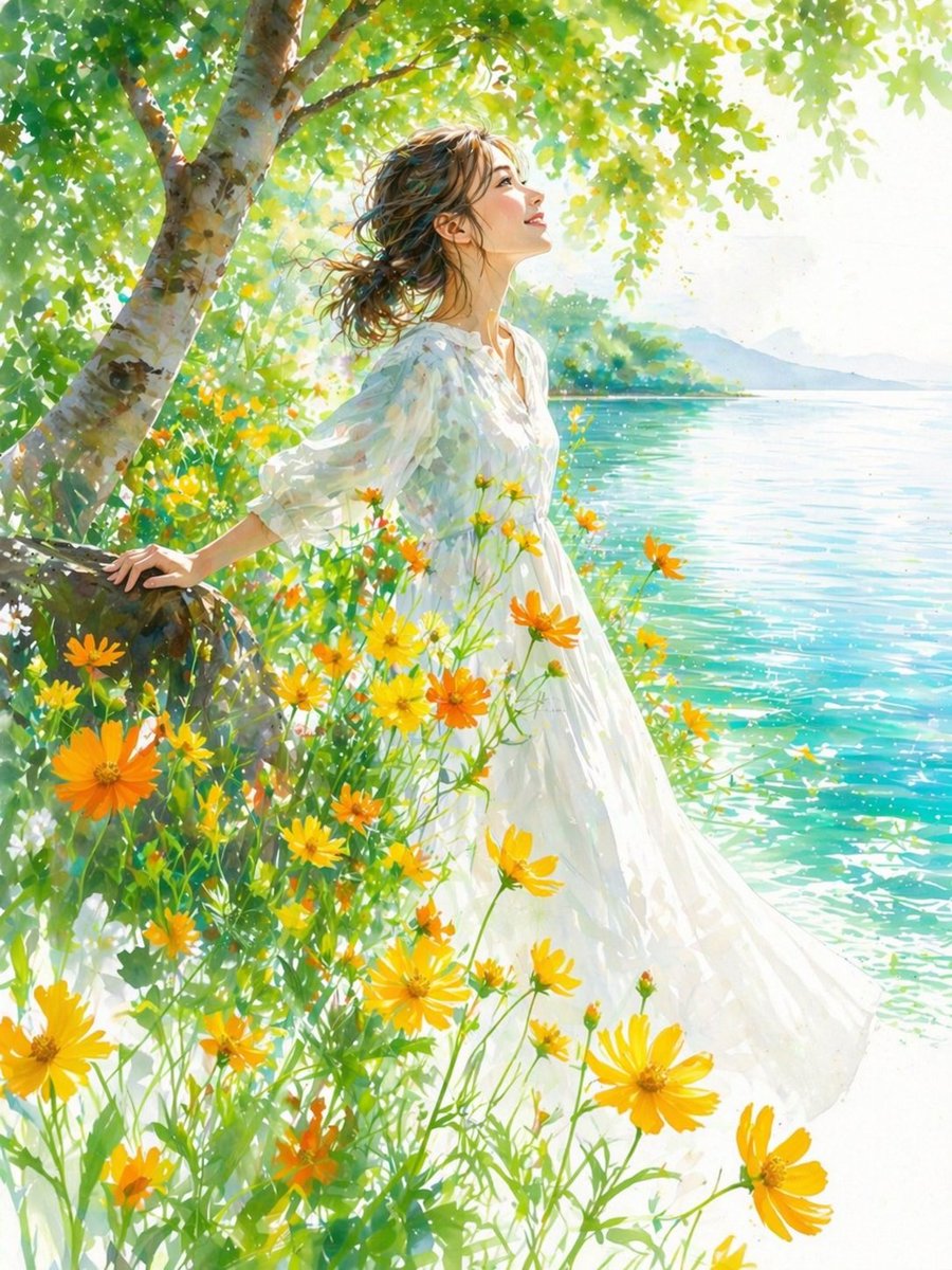 Impressionist Woman by Summer Lake Qwen Image 프롬프트 예시: This prompt generates a bright painterly lakeside portrait of a woman in a flowing white dress among cosmos flowers, ideal...