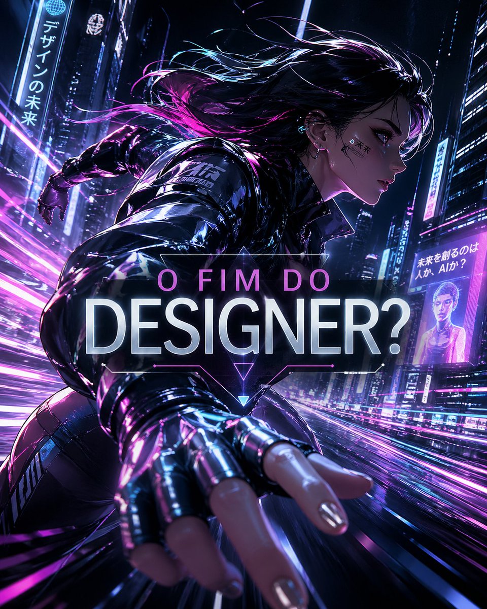 Cyberpunk Designer Debate Poster 的 Qwen Image 提示词示例图:A neon-soaked futuristic poster featuring a running cyberpunk woman and a bold headline, ideal for social media content about...