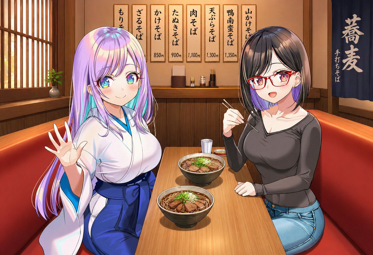 Anime Friends Eating Soba GPT Image 2 prompt example: This prompt generates a warm anime restaurant scene with two women in a traditional soba shop, ideal for casual character...