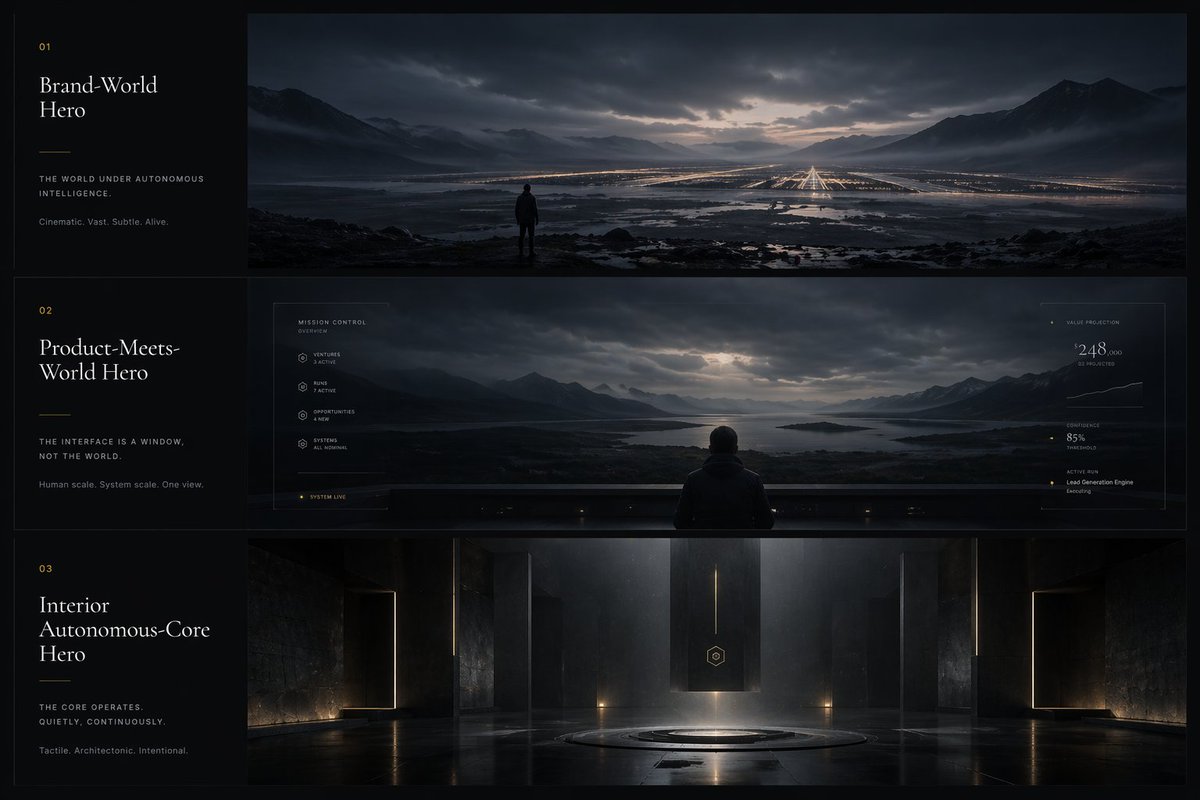 Cinematic Autonomous AI Mood Board Qwen Image prompt example: A dark, premium three-panel mood board presenting the design language for an autonomous intelligence app or brand...