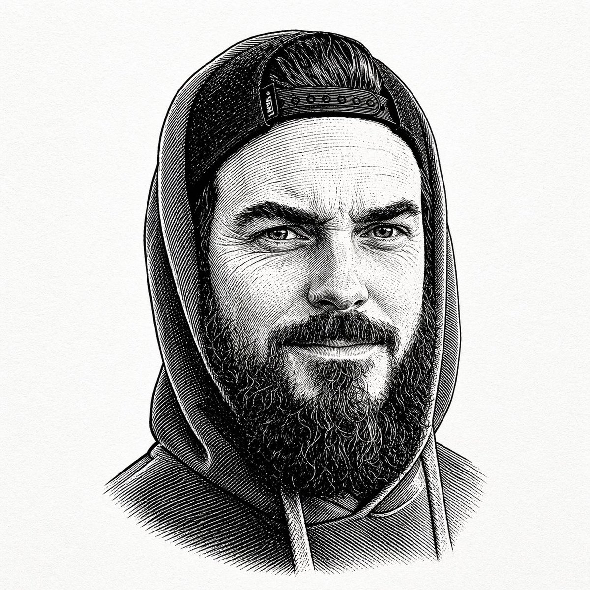 Vintage Engraved Hoodie Portrait 的 Qwen Image 提示词示例图：A monochrome etching-style portrait prompt for generating a centered vintage illustration of a bearded person in a hoodie and...