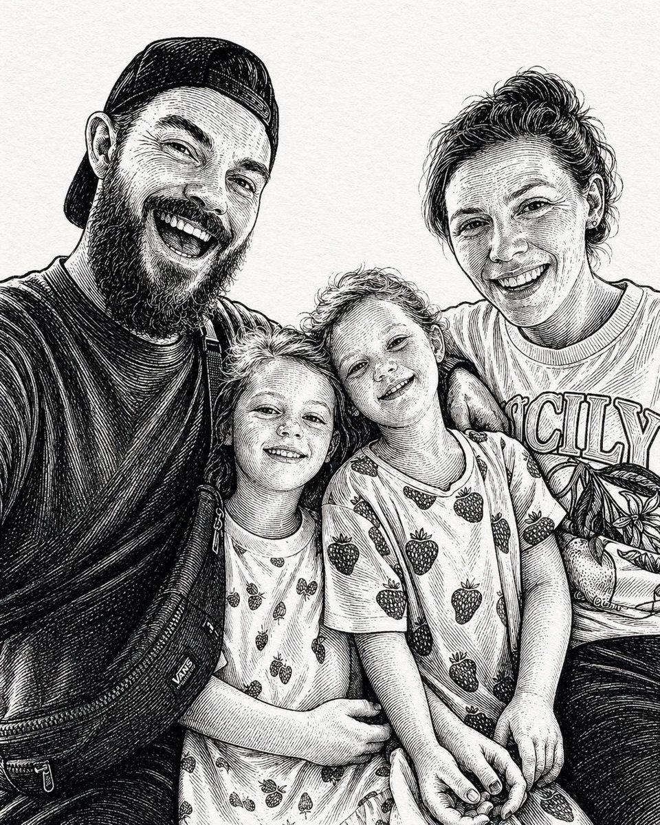 Ink-Etched Family Portrait GPT Image 2 prompt example: This prompt generates a monochrome pen-and-ink style portrait of a family of four, ideal for turning a casual family photo...