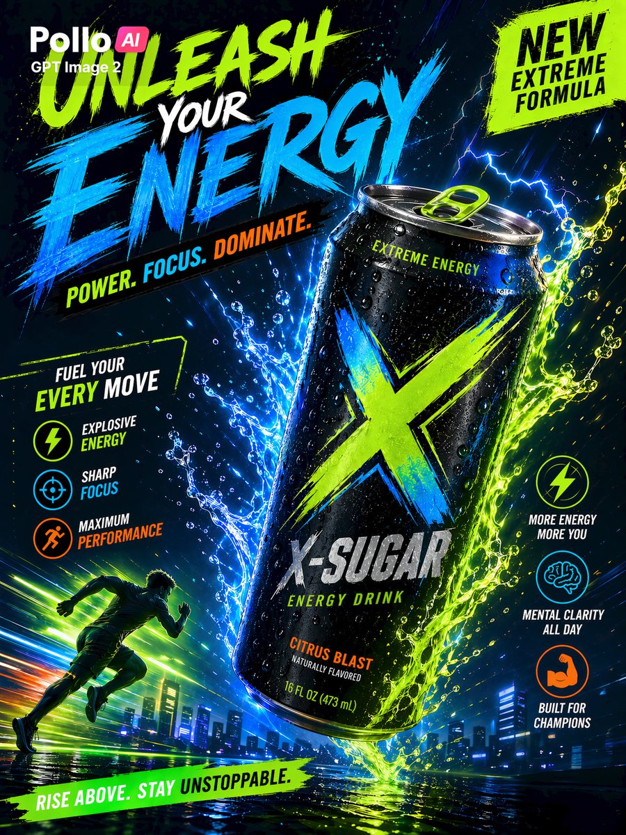 Neon Energy Drink Sports Poster のQwen Imageプロンプト例: A bold, print-ready promotional poster for an energy drink can, ideal for product advertising, fitness campaigns, and...