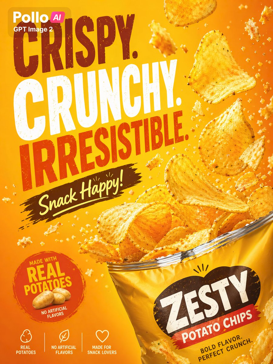 Bold Potato Chips Advertising Poster 的 Qwen Image 提示词示例图：A vibrant snack product poster with dramatic typography, floating chips, and premium packaging design, ideal for food...