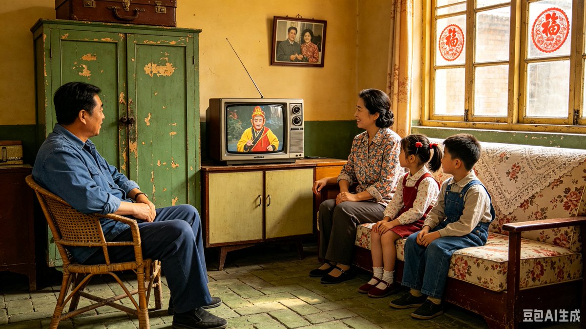 1980s Chinese Family Watching TV 的 GPT Image 2 提示词示例图：A nostalgic photorealistic scene of a four-person Chinese family in an 1980s home watching a vintage television, ideal for...