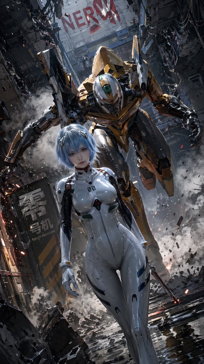Evangelion-Inspired Mecha Hangar Poster GPT Image 2 prompt example variation 2: A cinematic sci-fi poster prompt for generating a realistic anime pilot standing before a massive...