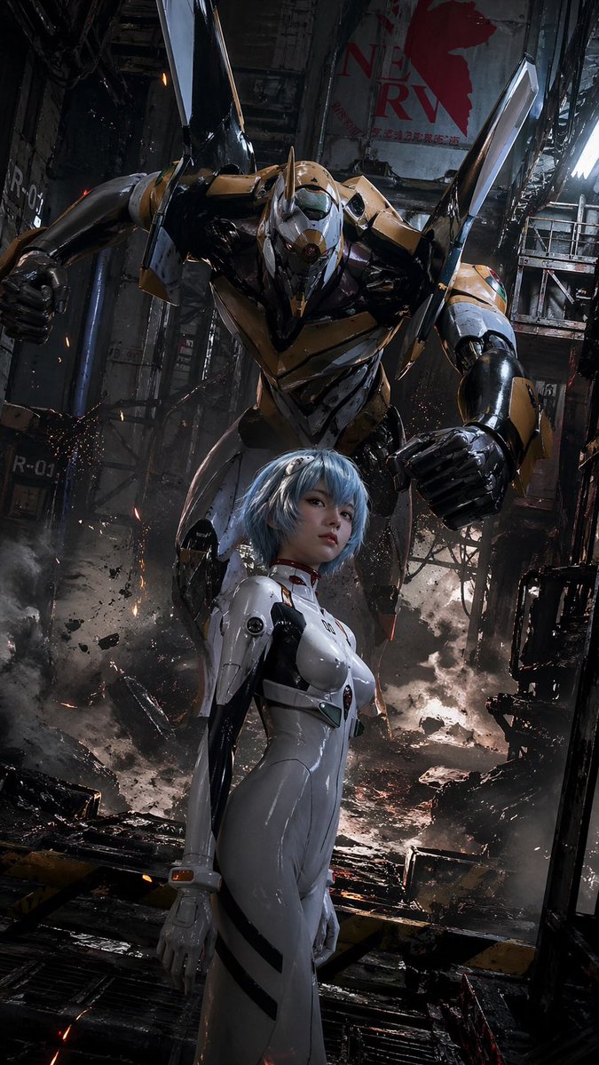 Evangelion-Inspired Mecha Hangar Poster GPT Image 2 prompt example variation 3: A cinematic sci-fi poster prompt for generating a realistic anime pilot standing before a massive...