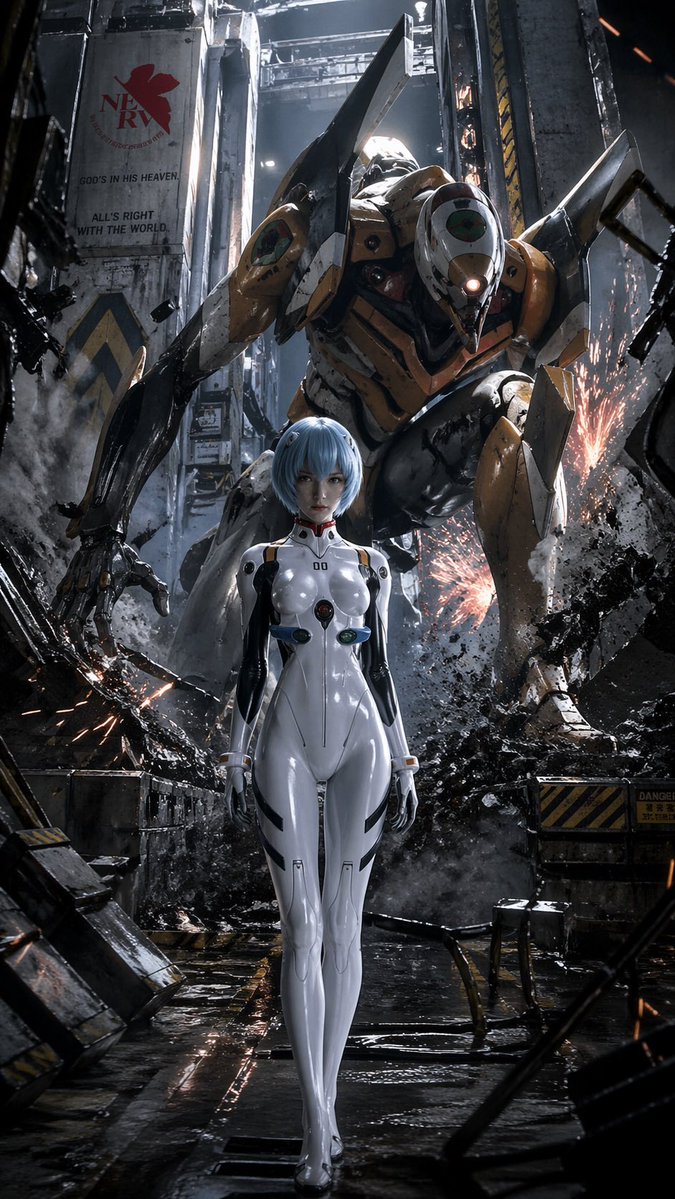 Evangelion-Inspired Mecha Hangar Poster GPT Image 2 prompt example: A cinematic sci-fi poster prompt for generating a realistic anime pilot standing before a massive battle-worn...