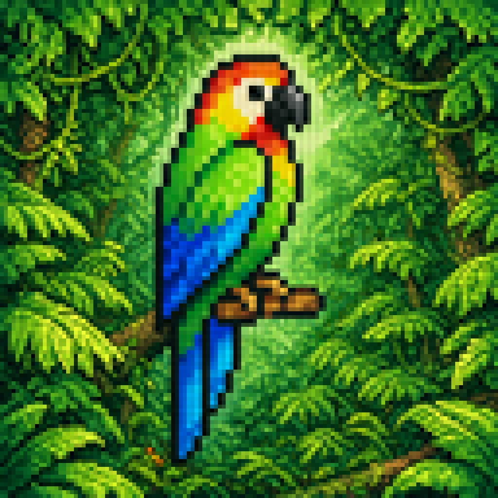 Blurry Retro Pixel Parrot Jungle のQwen Imageプロンプト例: Generates a square retro-game-style tropical parrot scene with chunky blurred pixels, useful for vintage video art or...