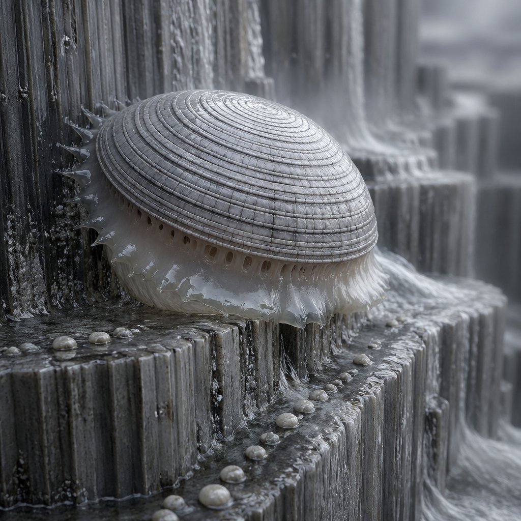 Macro Shell Jelly on Wet Basalt Qwen Image prompt example: This prompt generates a realistic close-up creature photograph for speculative biology, nature-inspired concept art, or...