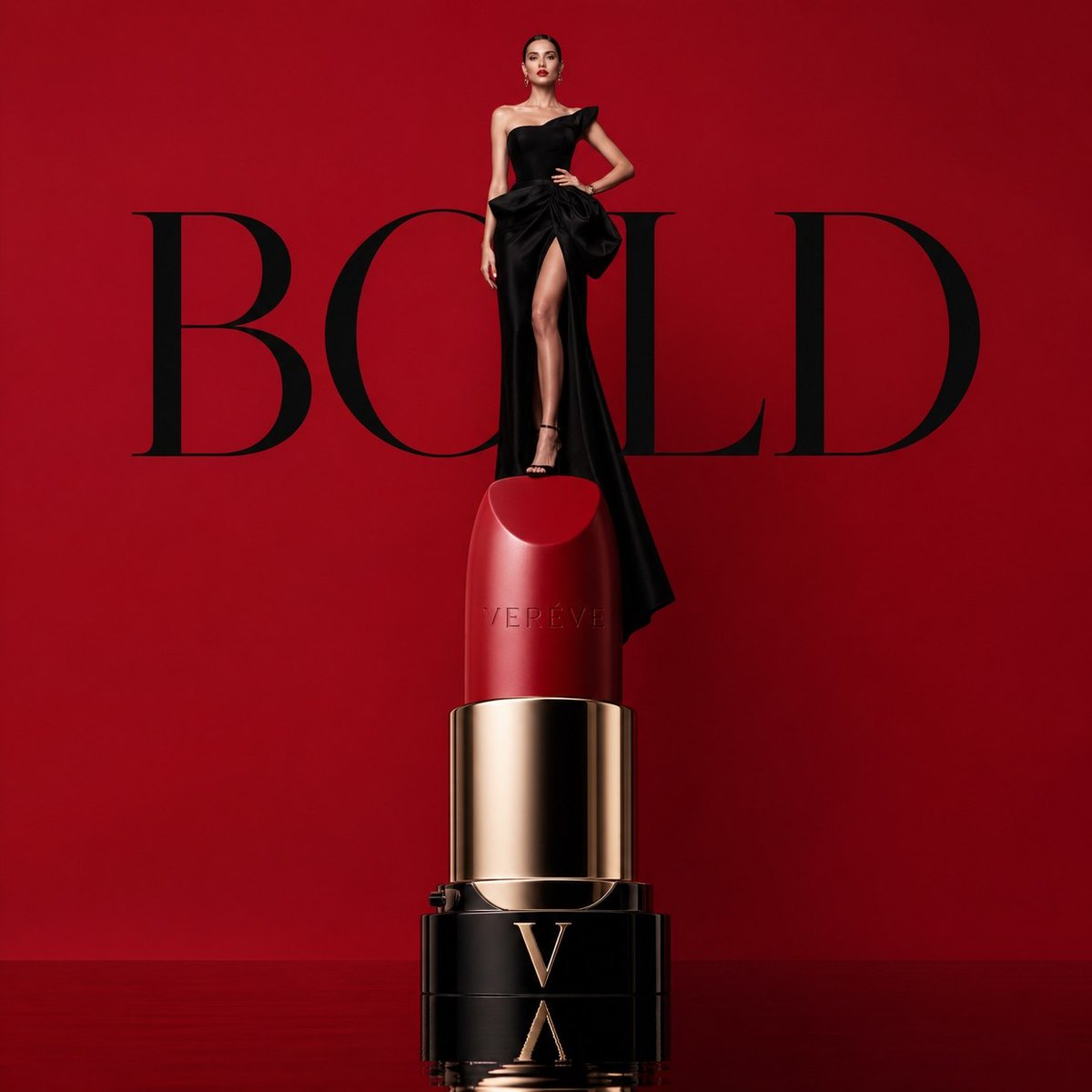 Avant-garde Luxury Beauty Campaign 的 GPT Image 2 提示词示例图：A high-fashion beauty campaign prompt featuring a giant lipstick pedestal and a model in an elegant gown, emphasizing a...