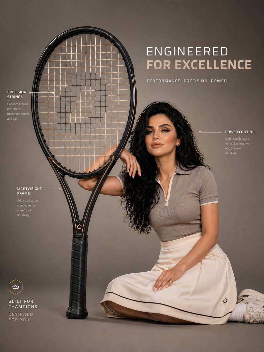 Premium Sports Infographic GPT Image 2 prompt example: A high-end sports advertisement prompt featuring a model and an oversized tennis racket with clean infographic annotations.