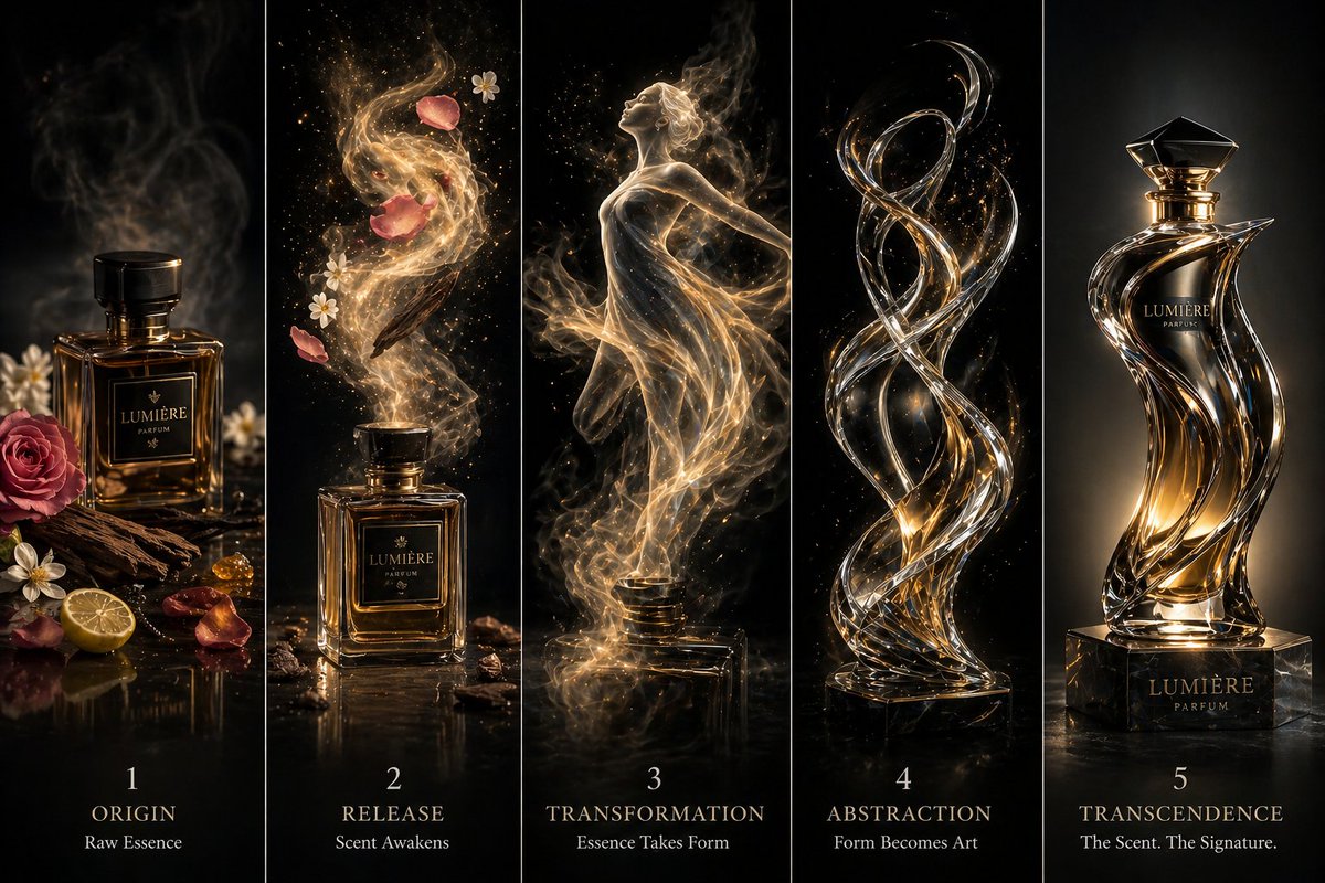 Luxury Perfume Transformation Art GPT Image 2 prompt example: A multi-panel cinematic prompt showing a perfume bottle evolving from raw essence into a sculptural masterpiece.