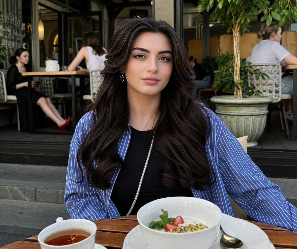 Lifestyle Portrait at Outdoor Café Qwen Image prompt example: A hyper-realistic lifestyle prompt featuring a young woman at a café with a detailed breakfast setup and elegant...