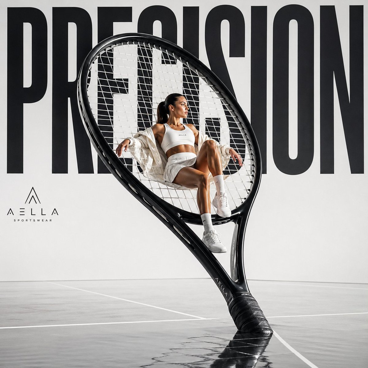 Avant-garde Sports Fashion Advertisement Qwen Image 프롬프트 예시: A striking sports fashion prompt with an oversized tennis racket used as a sculpture and bold typography.