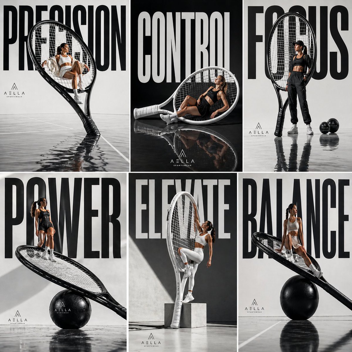 Avant-garde Sports Fashion Advertisement Qwen Image 프롬프트 예시 변형 2: A striking sports fashion prompt with an oversized tennis racket used as a sculpture and bold typography.
