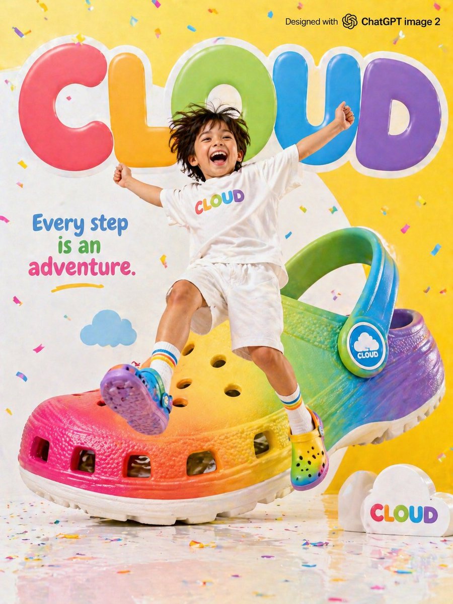 Children's Shoe Brand Advertisement 的 Qwen Image 提示词示例图:A joyful commercial prompt for a children's shoe brand featuring oversized props, bright colors, and playful typography.