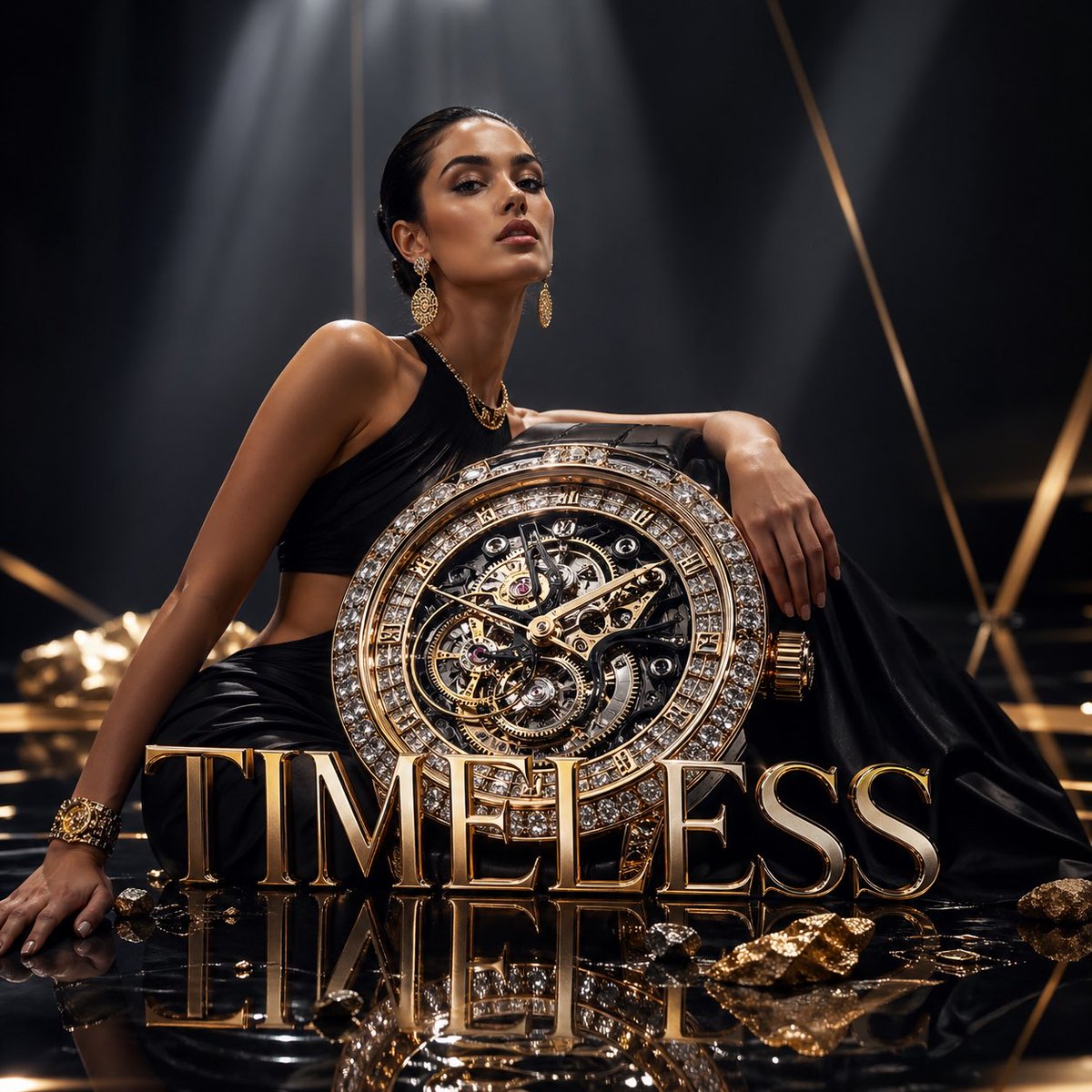 Luxury Watch Fashion Ad Qwen Image prompt example: An avant-garde ad prompt for a high-end watch, featuring a model and an oversized glowing mechanical timepiece with cinematic...