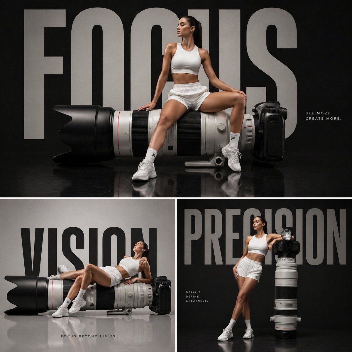 Luxury Tech Fashion Campaign のQwen Imageプロンプト例: A tech-focused fashion campaign prompt featuring an oversized camera lens as a sculptural element with a model in athletic attire.