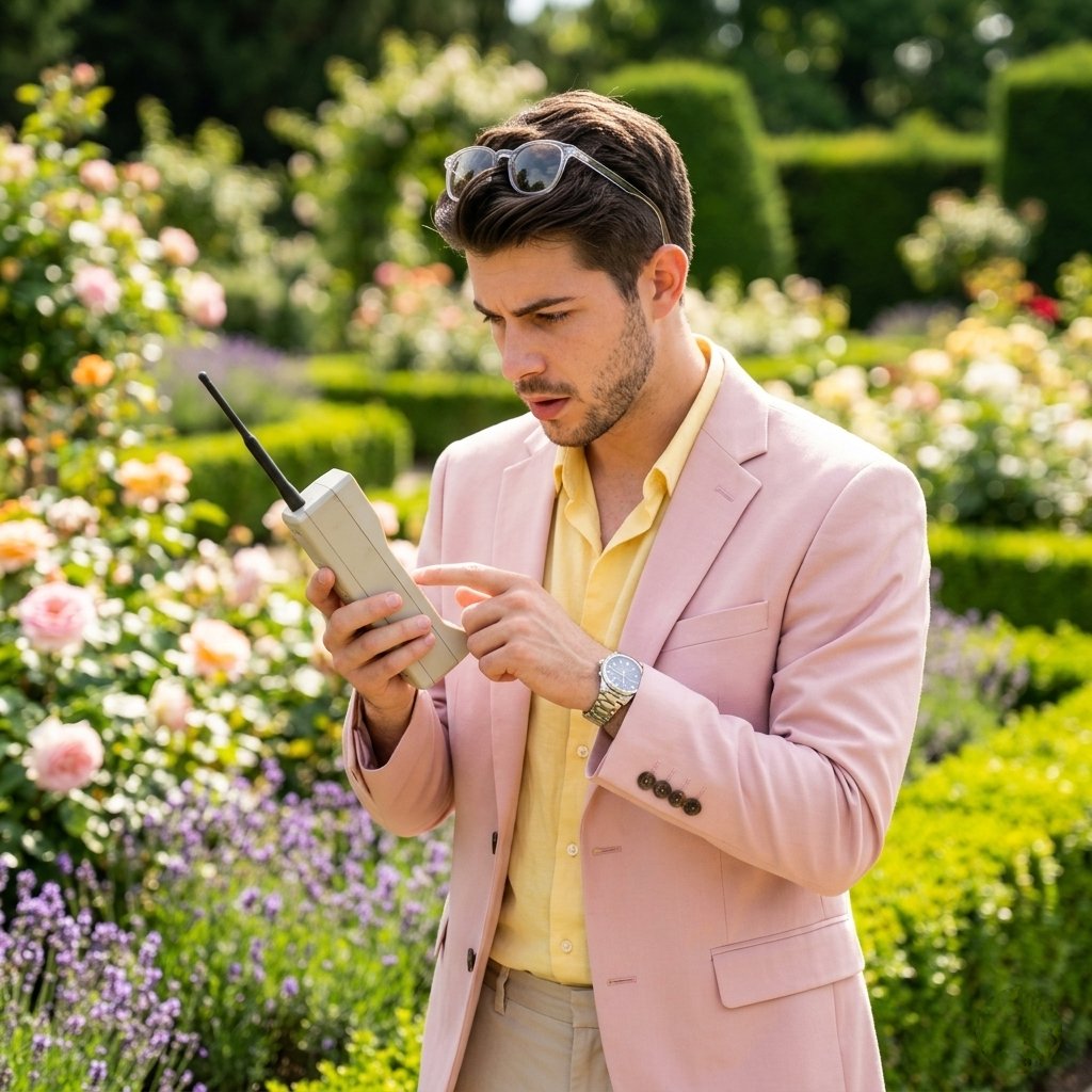 Lifestyle Garden Photography with Retro Tech Qwen Image 프롬프트 예시: A lifestyle-focused prompt generating a stylish person in a lush garden interacting with a retro mobile device,...