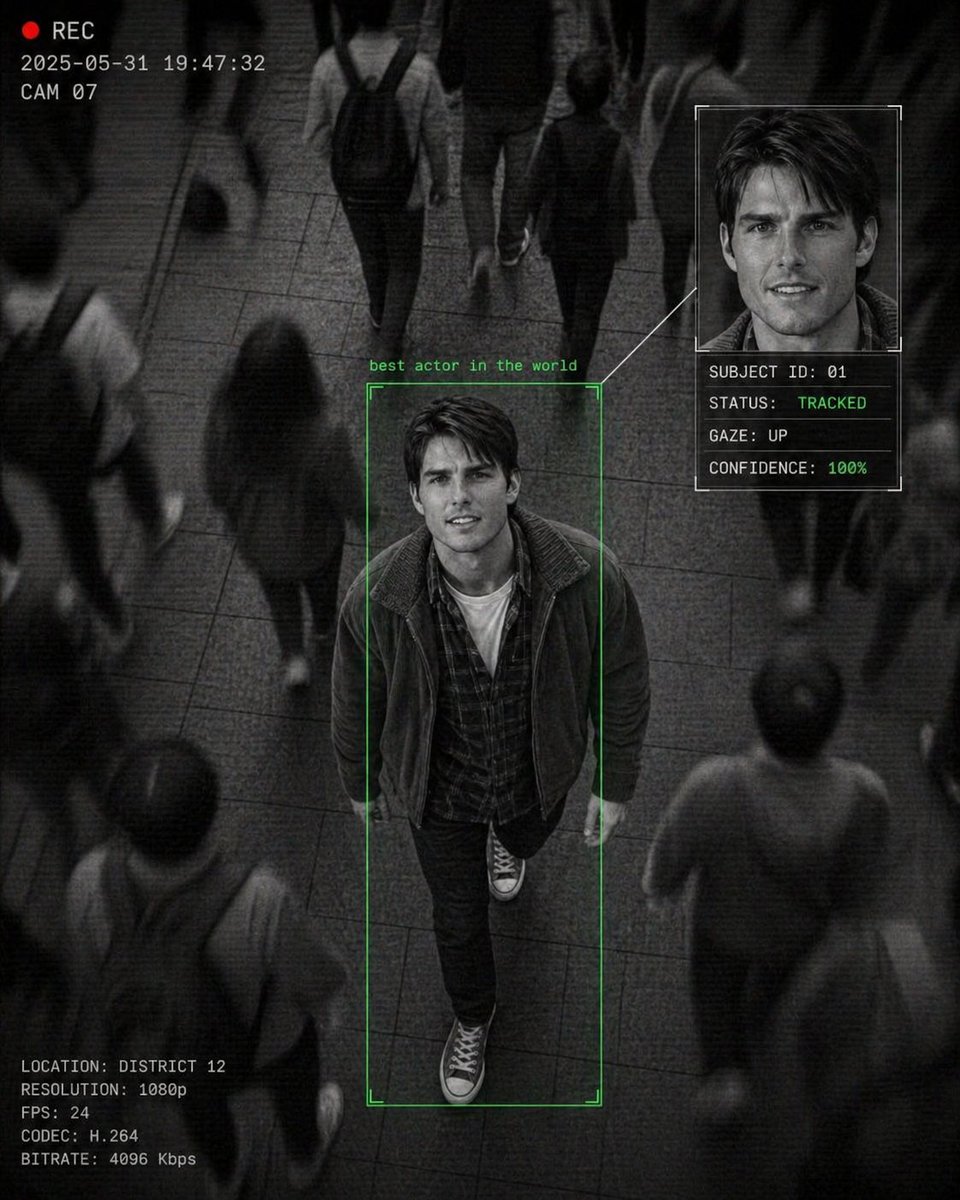 Cinematic Surveillance Interface Aesthetic GPT Image 2 prompt example variation 2: Generates a monochrome CCTV-style surveillance shot of a person of interest in a crowd,...