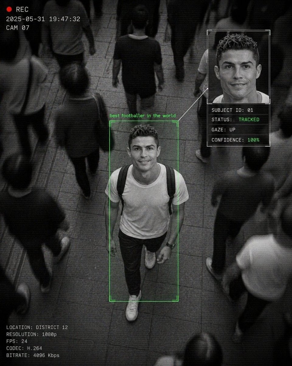 Cinematic Surveillance Interface Aesthetic GPT Image 2 prompt example: Generates a monochrome CCTV-style surveillance shot of a person of interest in a crowd, complete with...