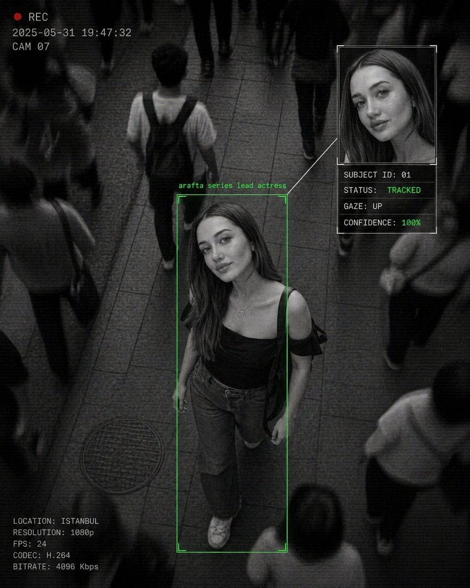Cinematic Surveillance Interface Aesthetic GPT Image 2 prompt example variation 3: Generates a monochrome CCTV-style surveillance shot of a person of interest in a crowd,...