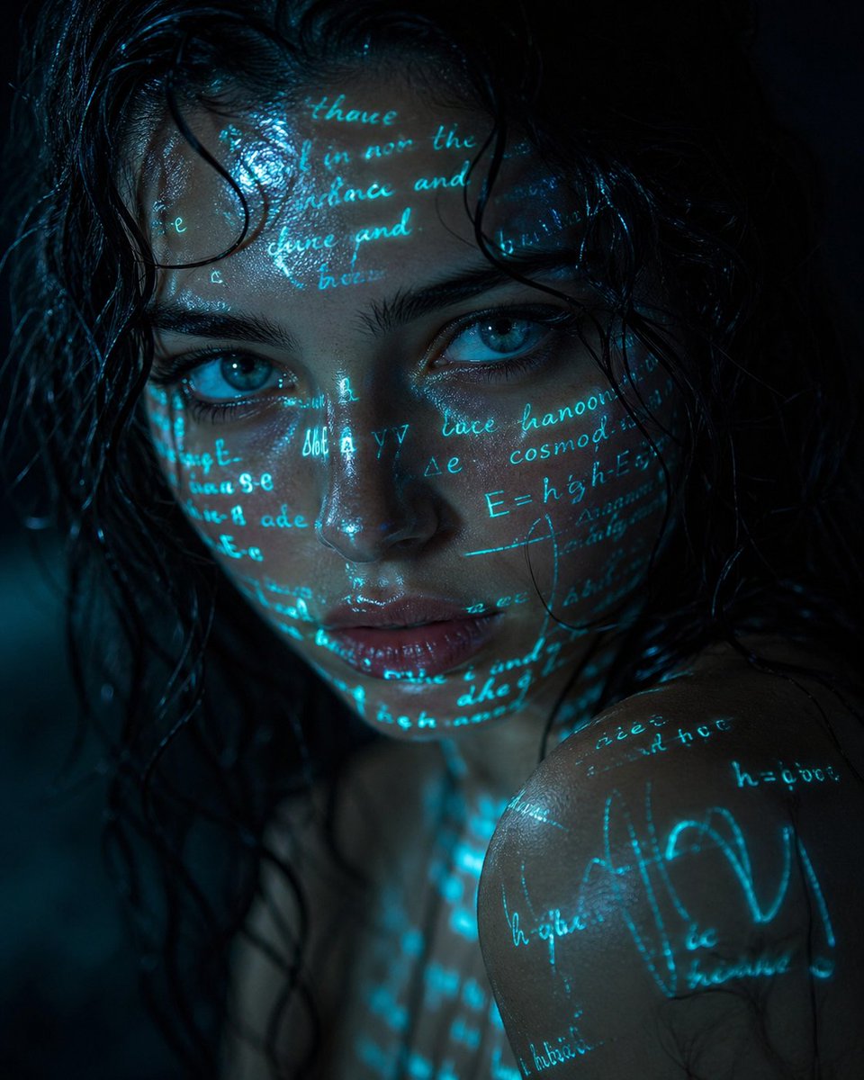 Cyber-Poetry Portrait Photography Qwen Image prompt example: A cyberpunk-inspired portrait featuring projected handwritten text on the subject's face, creating an introspective...