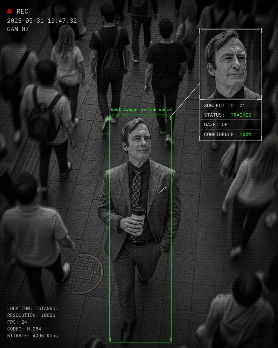 Cinematic Surveillance Interface Aesthetic GPT Image 2 prompt example variation 4: Generates a monochrome CCTV-style surveillance shot of a person of interest in a crowd,...