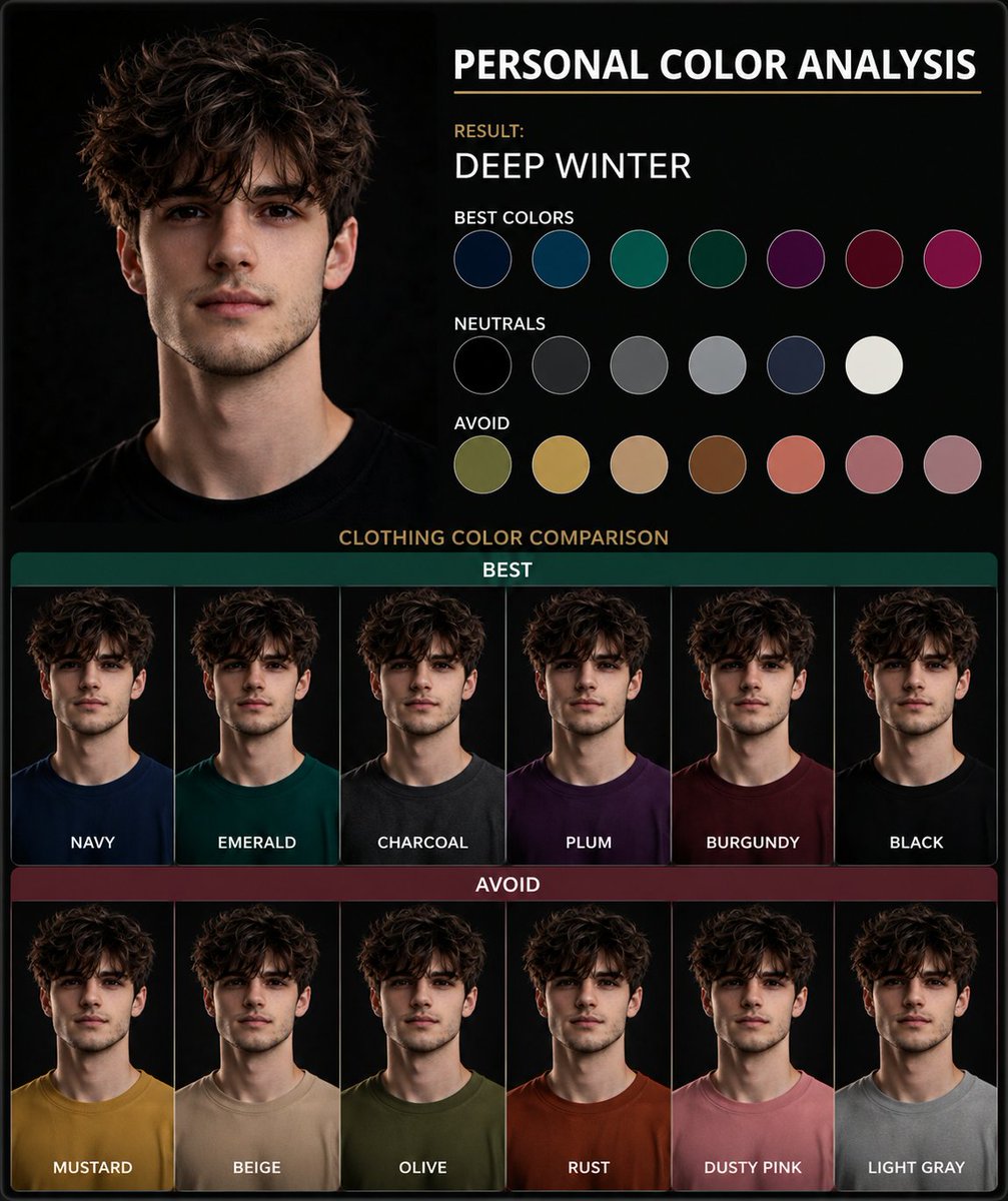 Personal Color Analysis Graphic Generator GPT Image 2 prompt example: A functional prompt that uses a reference portrait to create a side-by-side color comparison chart to...