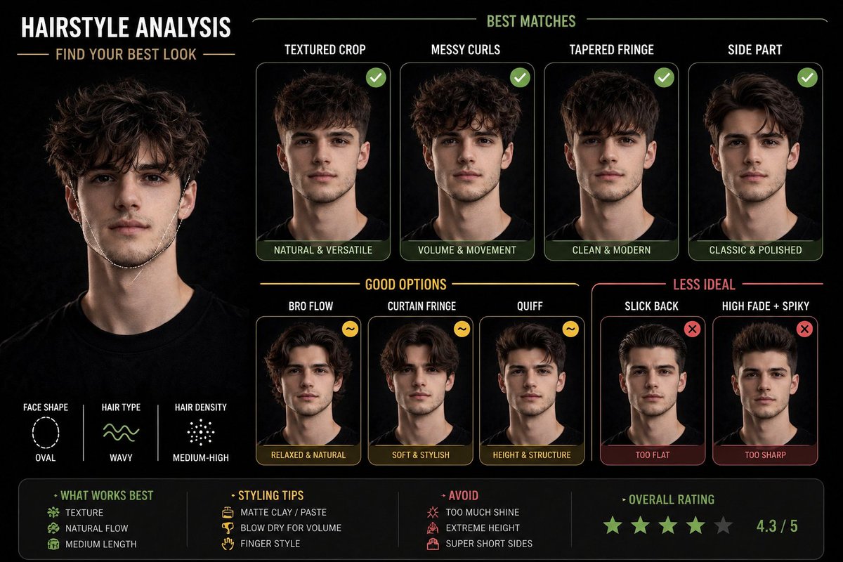 Hairstyle Suitability Analysis Chart GPT Image 2 prompt example: Creates a visual comparison of different hairstyles on a reference face to help determine the most suitable look.