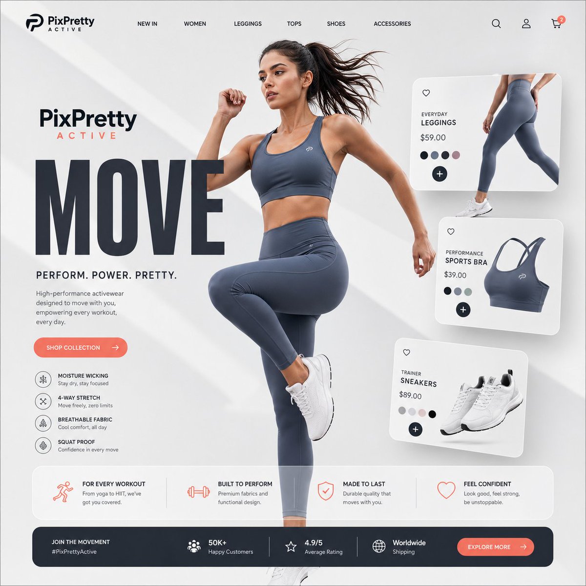 Premium Activewear Landing Page Qwen Image prompt example: A professional web design prompt for a sports apparel landing page featuring dynamic model movement and UI elements
