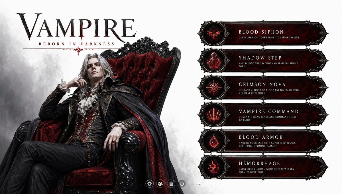3D Vampire Gaming Character のQwen Imageプロンプト例: Generates a highly detailed 3D game character with a UI overlay showing power bars, seated on a gothic-style throne