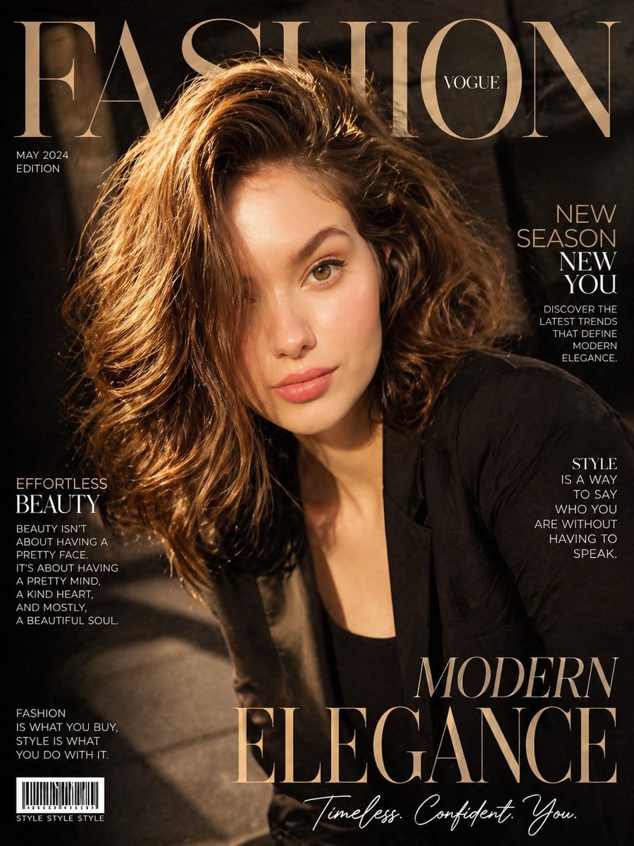 Vogue Style Fashion Magazine Cover のQwen Imageプロンプト例: A complex prompt for an ultra-realistic fashion magazine cover, including layout instructions for typography and lighting
