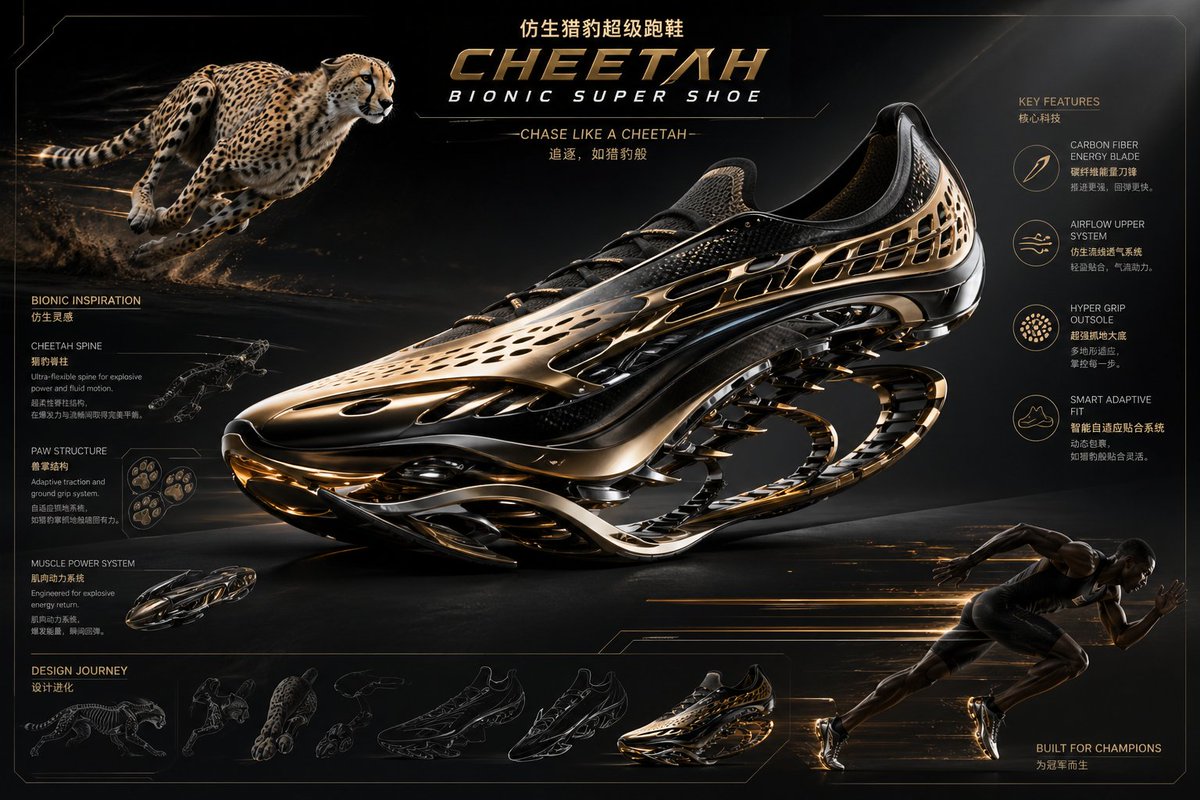 Futuristic Bionic Super Shoe のQwen Imageプロンプト例: Generates a high-tech, mechanical running sneaker inspired by supercars and cheetahs with a luxury finish