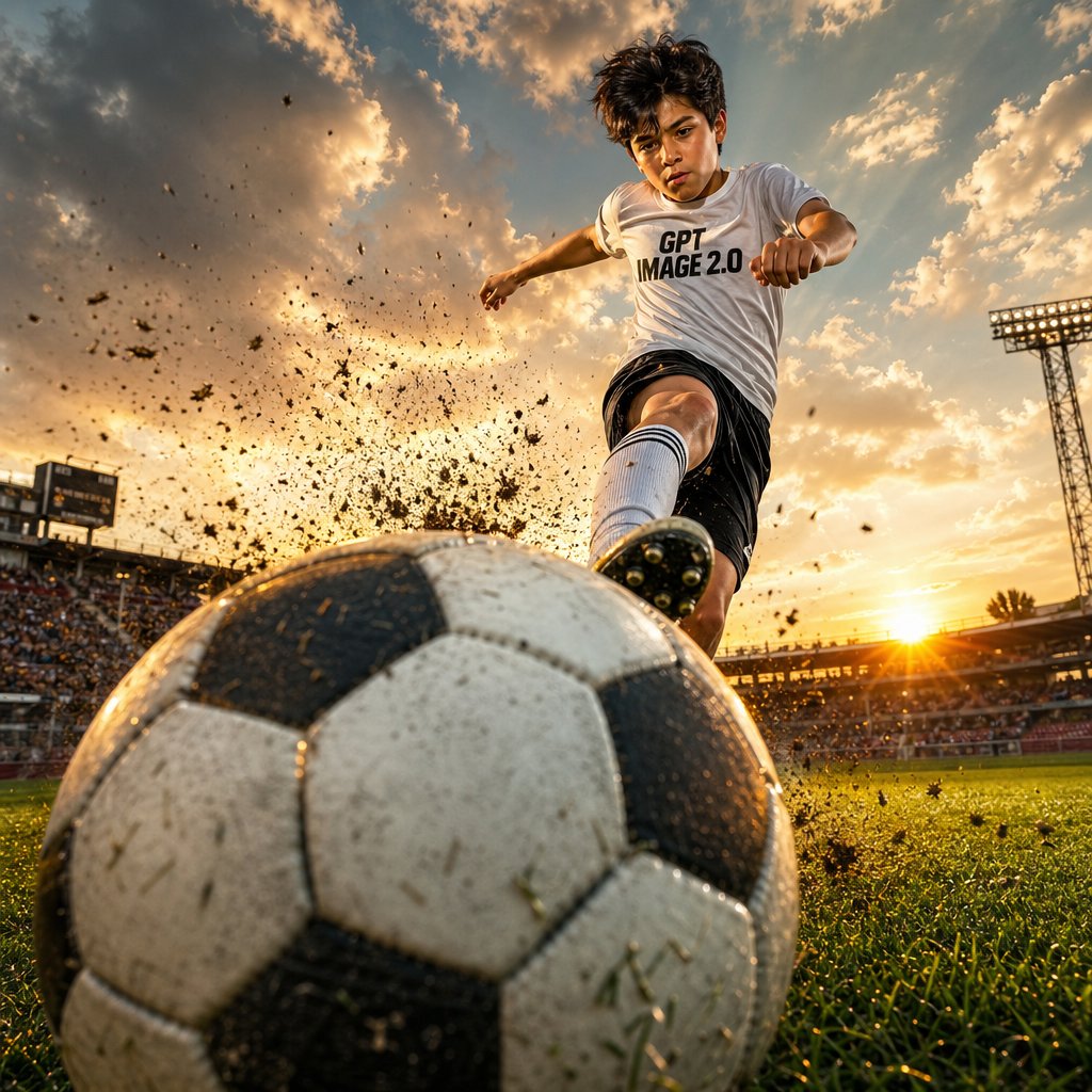 Dramatic Soccer Cinematic Action Shot Qwen Image prompt example: A high-intensity prompt for generating a photorealistic cinematic action shot of a young boy playing soccer...