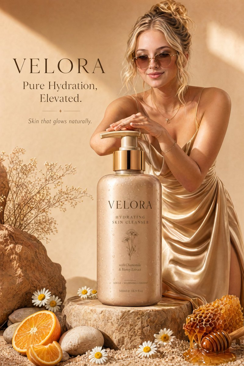 Luxury Skincare Advertisement Qwen Image prompt example: A sophisticated editorial prompt for a high-end luxury skincare campaign featuring a giant product bottle and a fashion...