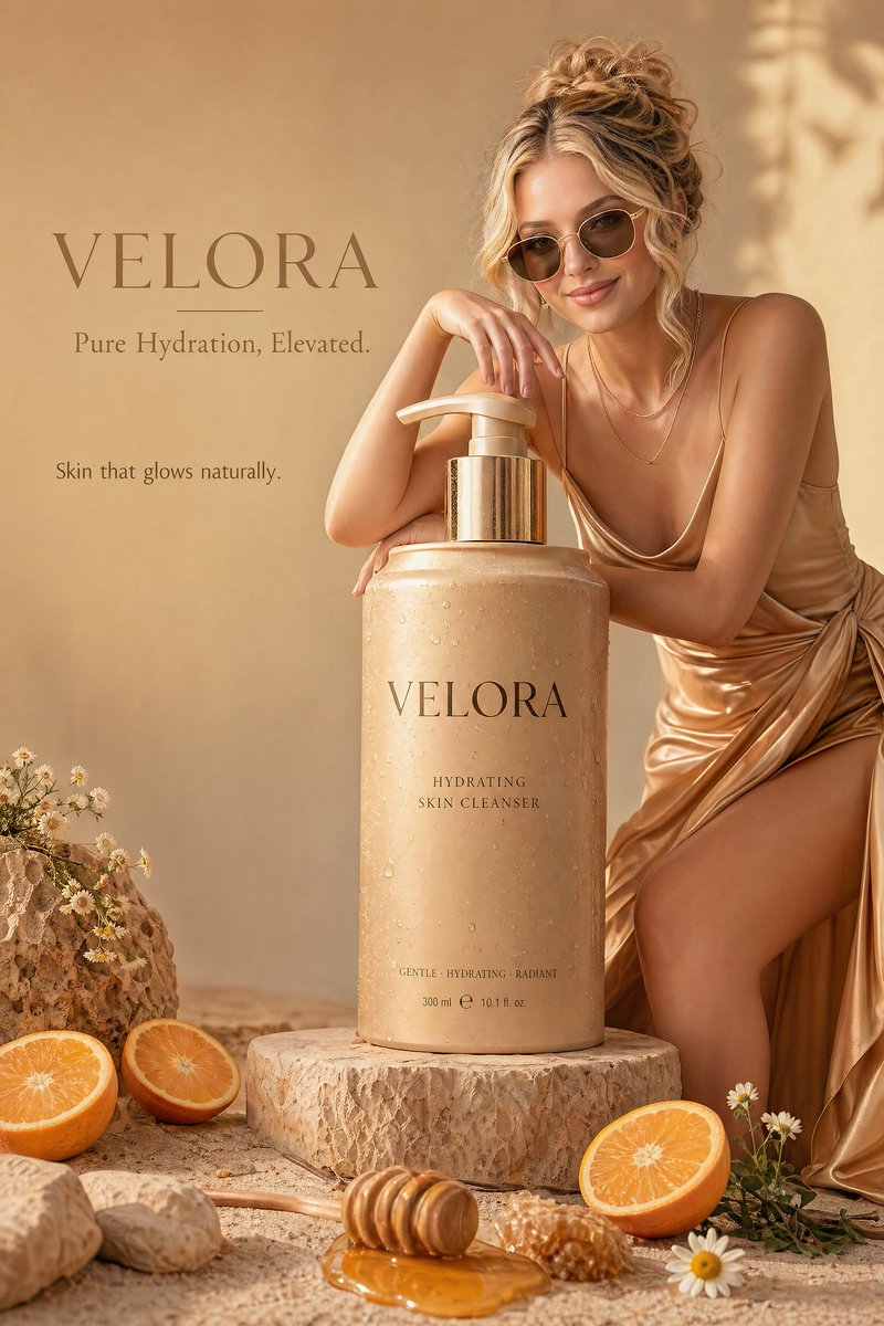 Luxury Skincare Advertisement Qwen Image prompt example variation 2: A sophisticated editorial prompt for a high-end luxury skincare campaign featuring a giant product bottle and...