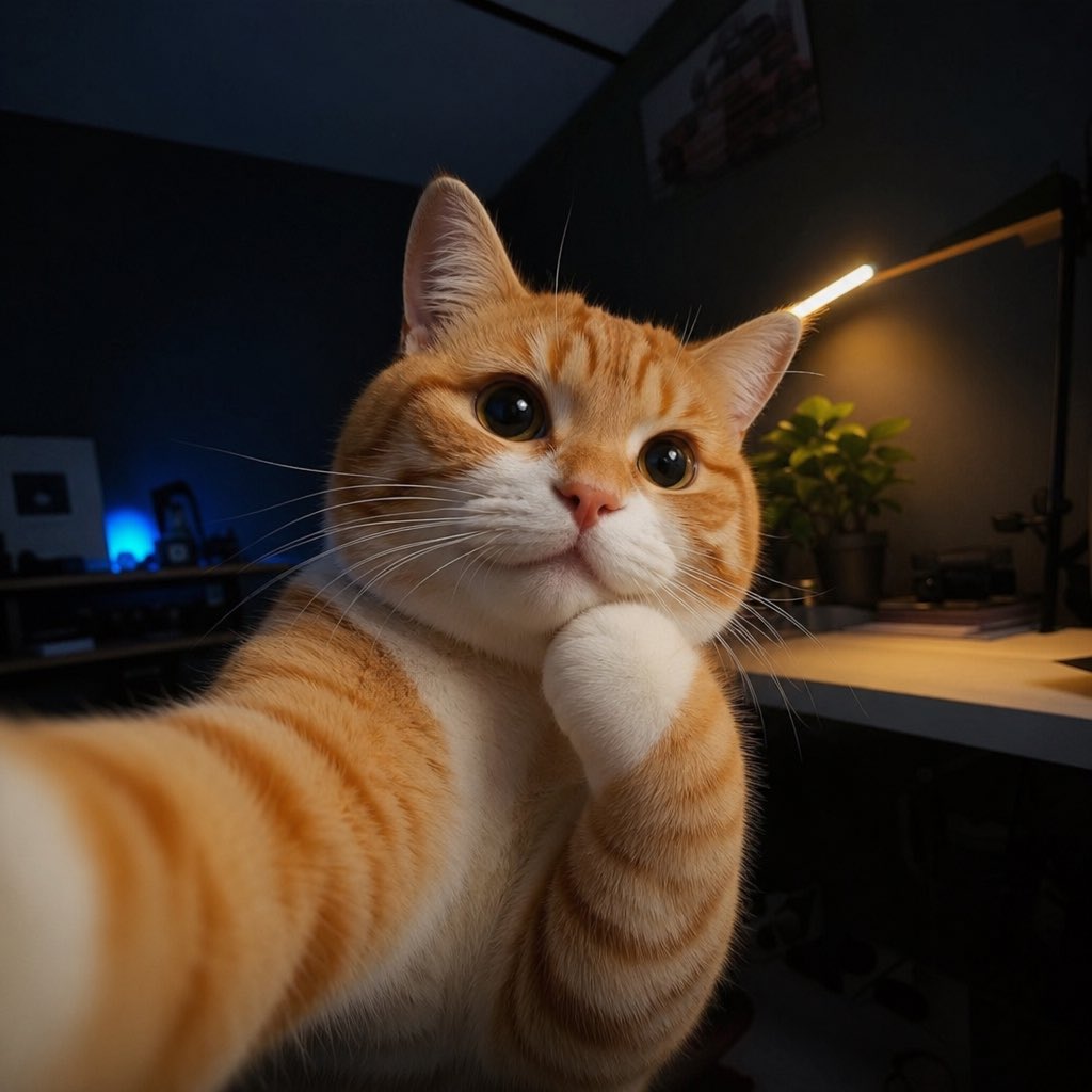 Cute Cat Selfie Qwen Image prompt example: A prompt designed to create a high-definition photograph of a cat taking a selfie in a dark, dramatically lit room with a happy...