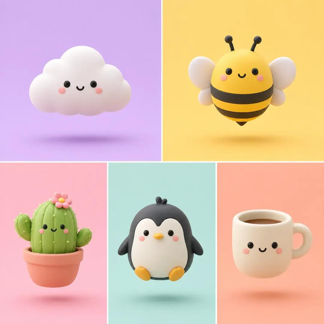 Minimalist 3D Clay Render Qwen Image prompt example: A minimalist prompt template for generating 3D clay-like objects with soft lighting against pastel backgrounds, perfect for...