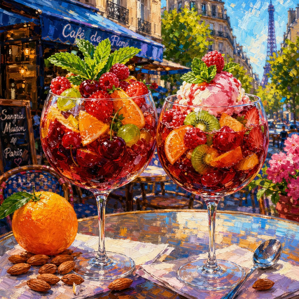 Impressionistic Parisian Café Painting Qwen Image prompt example: A vibrant digital painting prompt in an impressionistic style, depicting colorful fruit-filled wine glasses on a...