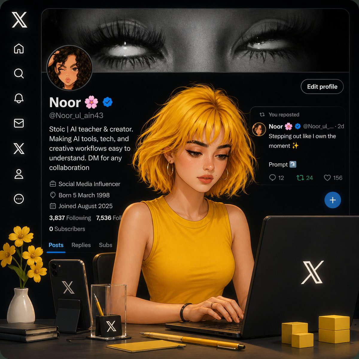 Aesthetic Creator Workspace GPT Image 2 prompt example: A cozy, hyper-detailed digital illustration prompt of a girl working in a professional workspace with a social media...
