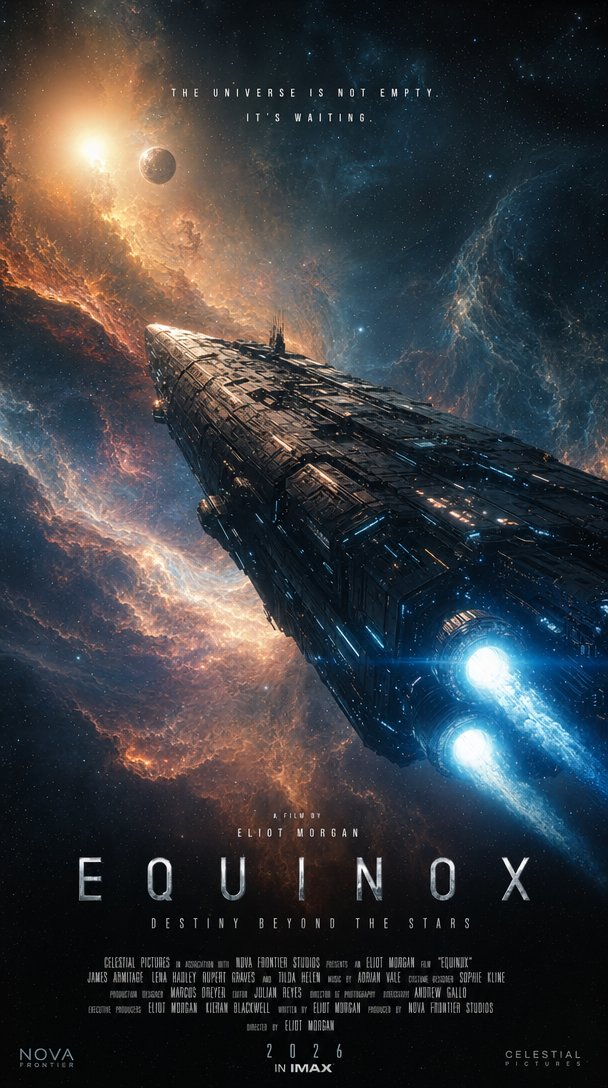 IMAX Sci-Fi Movie Poster GPT Image 2 prompt example: A hyper-realistic cinematic prompt for a sci-fi epic featuring a monolithic spaceship traveling through a vibrant cosmic...