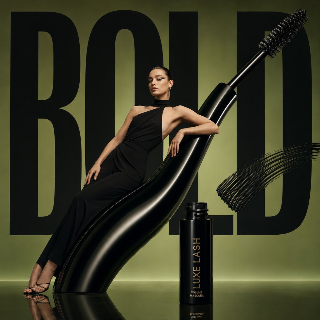 Avant-Garde Beauty Ad Qwen Image prompt example: A luxury beauty editorial prompt featuring a giant mascara wand sculpture and a fashion model in a high-fashion studio setting.