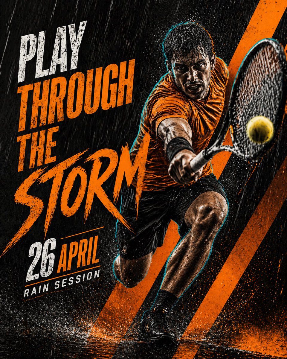 Cinematic Tennis Sports Poster 的 GPT Image 2 提示词示例图：A premium gritty sports poster prompt with a black and orange theme, featuring an athletic tennis player lunging through heavy...