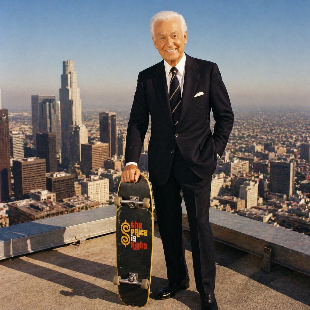 Bob Barker Skyscraper Portrait Qwen Image prompt example: Generates a surreal scene of Bob Barker in his classic suit standing on top of a skyscraper while holding a skateboard.