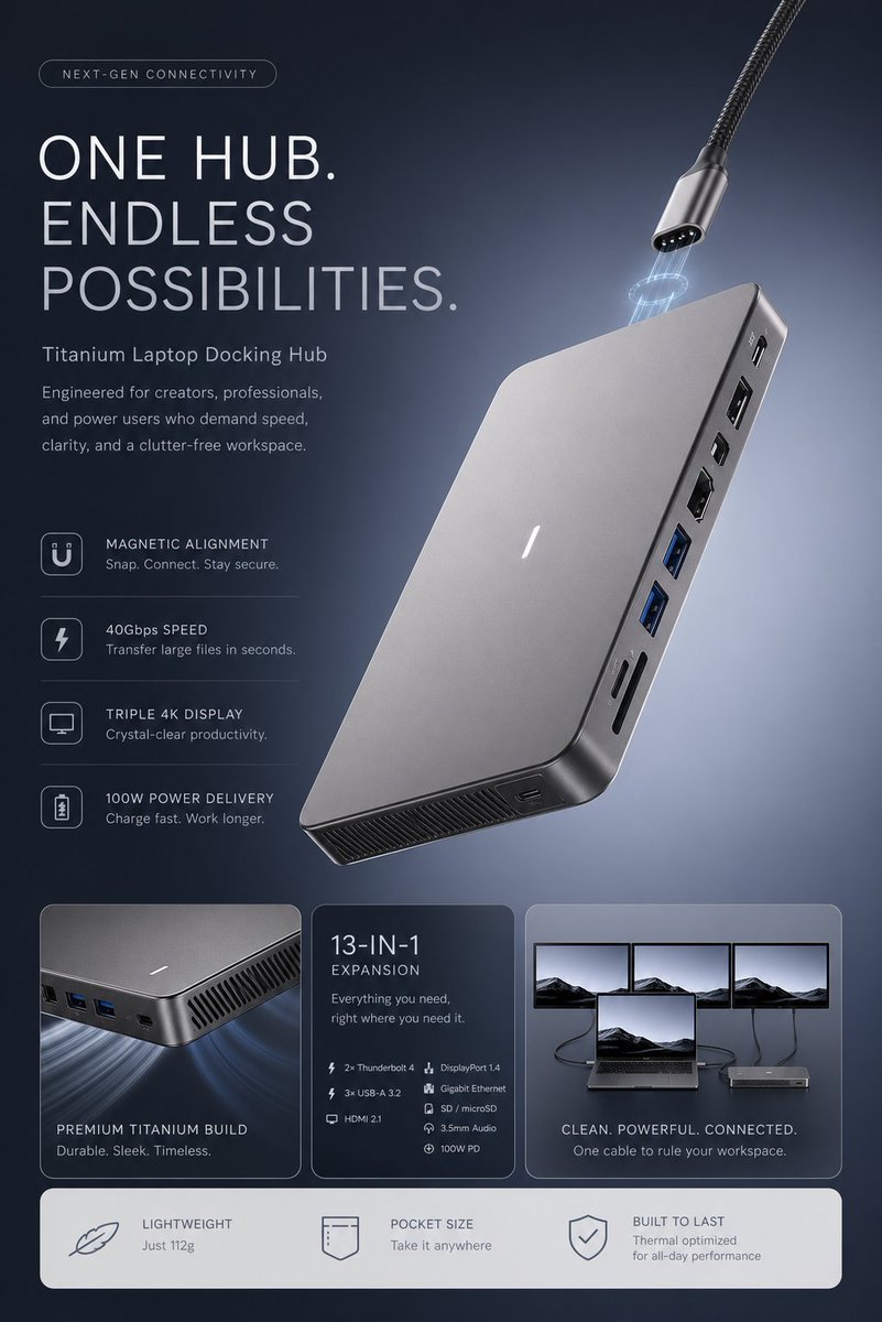 Minimalist Tech Accessory Advertisement Qwen Image 프롬프트 예시 변형 2: A professional tech marketing prompt focused on minimalist Apple-style floating renders and clean typography.